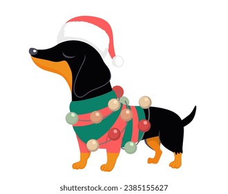 Cute little dog wearing Christmas sweater cartoon vector illustration. Warm winter wishes greeting card design element. Canine pet with Santa Claus hat isolated on white background