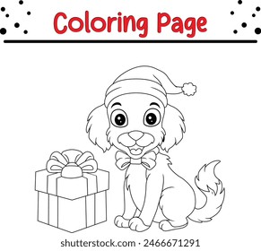 cute little dog wearing Santa hat bow coloring book page for adults and kids