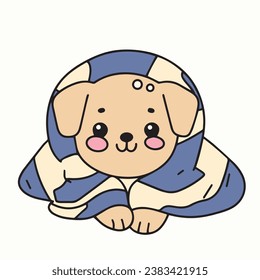 Cute little dog wrapped in blanket. Puppy in blanket colored outline. Hand drawn vector art.