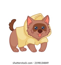 Cute little dog in yellow raincoat. Brown pet with tongue out. Autumn illustration in cartoon style. Vector art isolated on white background.