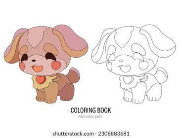Cute little doggy with a kind smiling face and big eyes. Vector pet illustration drawn in a simple graphic line art style. Coloring book page design with outline and colored versionsned