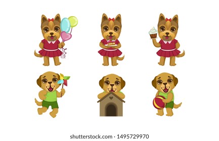 Cute Little Dogs Characters Set, Lovely Humanized Pet Animals Vector Illustration