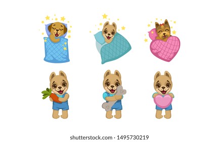 Cute Little Dogs Characters Set, Adorable Humanized Puppies Vector Illustration