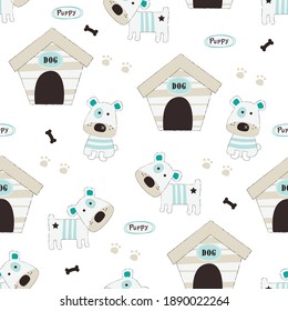 Cute little dogs and dog house seamless pattern