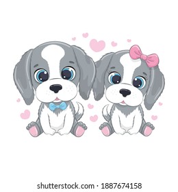 Cute little dogs with hearts. Happy Valentine's day clipart.