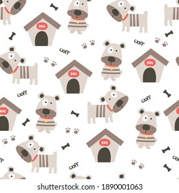 Cute little dogs, paws, bones and dog house seamless pattern