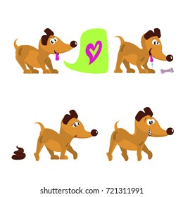 Cute little dogs set in different poses. Collection isolated of  funny puppys in cartoon style. Vector illustration eps 10