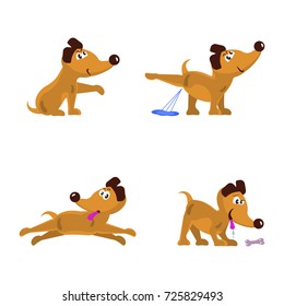 Cute little dogs set in different poses. Collection isolated of  funny puppys in cartoon style. Vector illustration eps 10