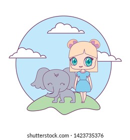 cute little doll with elephant animal in landscape