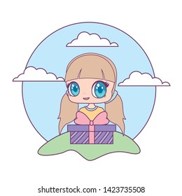 cute little doll with gift box in landscape