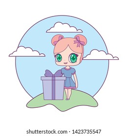 cute little doll with gift box in landscape