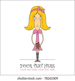 Cute little doll girl with taddy bear. Vector illustration. Place for your text.
