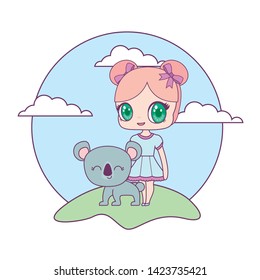 cute little doll with koala animal in landscape