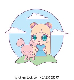 cute little doll with rabbit animal in landscape