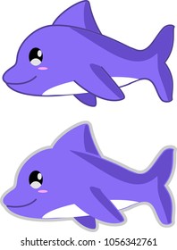 Cute Little Dolphin Cartoon Character Vector Smiling Happily - Sideview, With and Without Outline.
