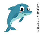 Cute Little Dolphin in Flat Style. Hand Drawn Vector Art. 