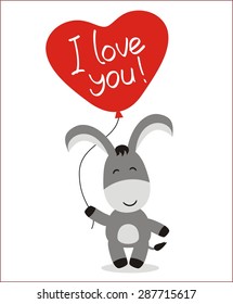 Cute little donkey with balloon heart. I love you! Valentine card.