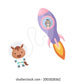 Cute little donkey flying in violet rocket. Cartoon horse character in space costume with rocket on white background. Design for baby shower, invitation card, wall decor. Vector illustration