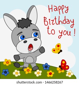 Cute little donkey singing song happy birthday to you - greeting card