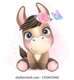 Cute little donkey with watercolor illustration