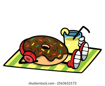 Cute little donuts cartoon characters listening music with earphones, sunbathing at the beach, and drinking lemonade. Best for sticker, mascot, and logo with summer themes for kids