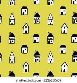 Cute little doodle cartoon houses building flat vector seamless pattern clipart. Hand drawn surface background. 