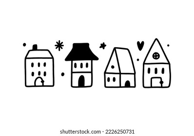 Cute little doodle cartoon houses set building flat vector clipart hand drawn illustration isolated on white background.