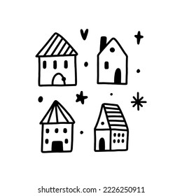 Cute little doodle cartoon houses set building flat vector clipart hand drawn illustration isolated on white background.