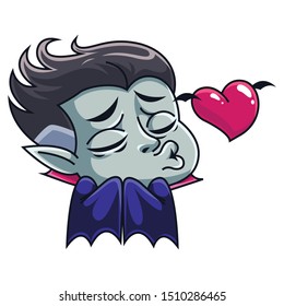 A Cute little Dracula blows a kiss. Illustration of a Halloween. Vector illustration in a cartoon style. Isolated on white background. 