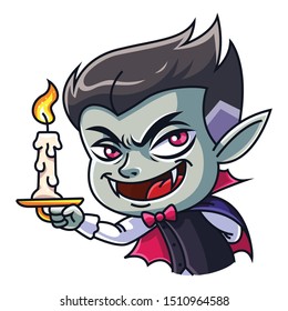 Cute little Dracula with a candle. Halloween illustration. Vector illustration in cartoon style. Isolated on a white background.