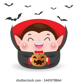 Cute Little Dracula Vampire and flying bats with pumpkin isolated on white background .Halloween Kids Costume Party Vector illustration.