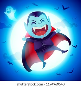 Cute Little Dracula Vampire. Kid In Halloween Costume Jumping In The Moonlight.