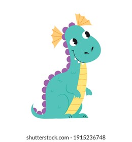 Cute Little Dragon, Adorable Funny Baby Dinosaur Fairy Tale Character Cartoon Style Vector Illustration
