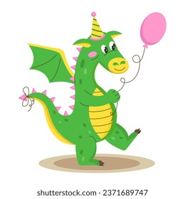 Cute little dragon with a balloon. Vector illustration.