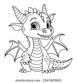 Cute little dragon. Black and white vector illustration for coloring book