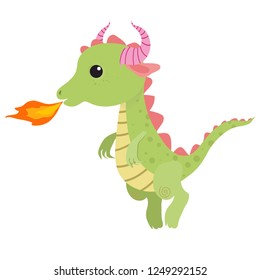 Cute little dragon blows fire. Funny cartoon character. Vector clip art illustration on white background.