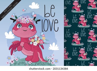 Cute little dragon with butterfly illustration  with seamless pattern: can be used for cards, invitations, baby shower, posters; with white isolated background
