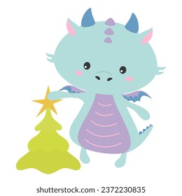 cute little dragon character, cartoon new year mascot with christmas tree, chinese horoscope symbol, flat vector illustration