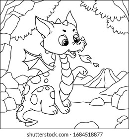 Cute little dragon. Coloring book for children. Cartoon vector illustration.