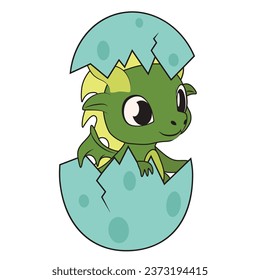 Cute little dragon coming out of egg on white background