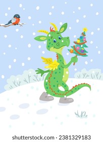 Cute little dragon in felt boots walks through a meadow with a decorated Christmas tree in his hands. Winter landscape with snowflakes. In cartoon style. Vector flat illustration. New Year card