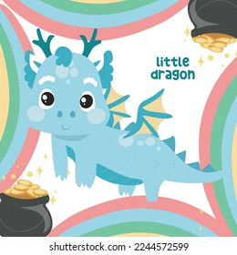 Cute little dragon flashcard on white background. Funny fantasy cartoon character. It’s for kids fashion artworks, children books, birthday invitations, greeting cards, posters. Vector file. 