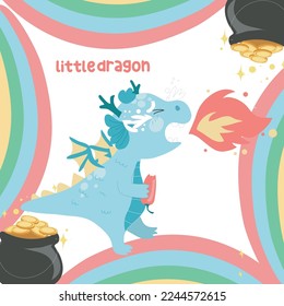 Cute little dragon flashcard on white background. Funny fantasy cartoon character. It’s for kids fashion artworks, children books, birthday invitations, greeting cards, posters. Vector file. 