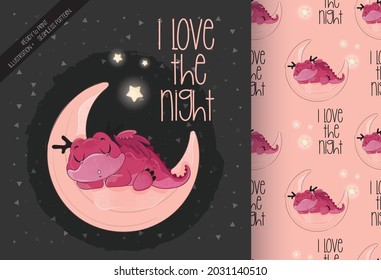 Cute little dragon fly sleeping on the moon illustration with seamless pattern: can be used for cards, invitations, baby shower, posters; with white isolated background
