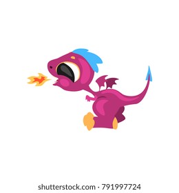 Cute little dragon having fun and breathing with fire. Cartoon character of fantastic animal. Flat vector for sticker, card, kids print, mobile or computer game