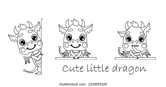 Cute little dragon looks out from behind the door, sits at the table, rejoices and misses. Vector illustration for designs, prints, greeting card, coloring book for kids and patterns. symbol  of 2024