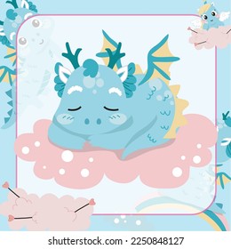 Cute Little Dragon Mythological Creature Flashcard for Children. Ready to print. Printable game card. Funny fantasy cartoon character. Educational card for preschool. Vector file.