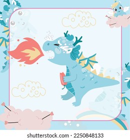 Cute Little Dragon Mythological Creature Flashcard for Children. Ready to print. Printable game card. Funny fantasy cartoon character. Educational card for preschool. Vector file.