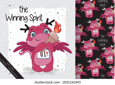 Cute little dragon with olympic fire illustration: can be used for cards, invitations, baby shower, posters; with white isolated background
