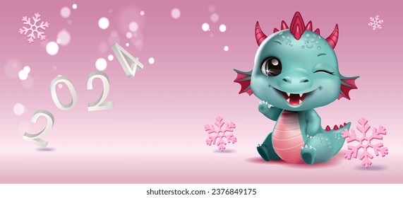 Cute little dragon on a pink background with snowflakes. new year greeting card template 2024